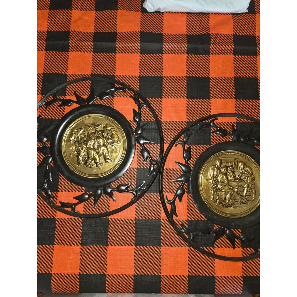 Vintage Pair Brass Relief Tavern Village Scene Wall Plaques Black Scroll Frame